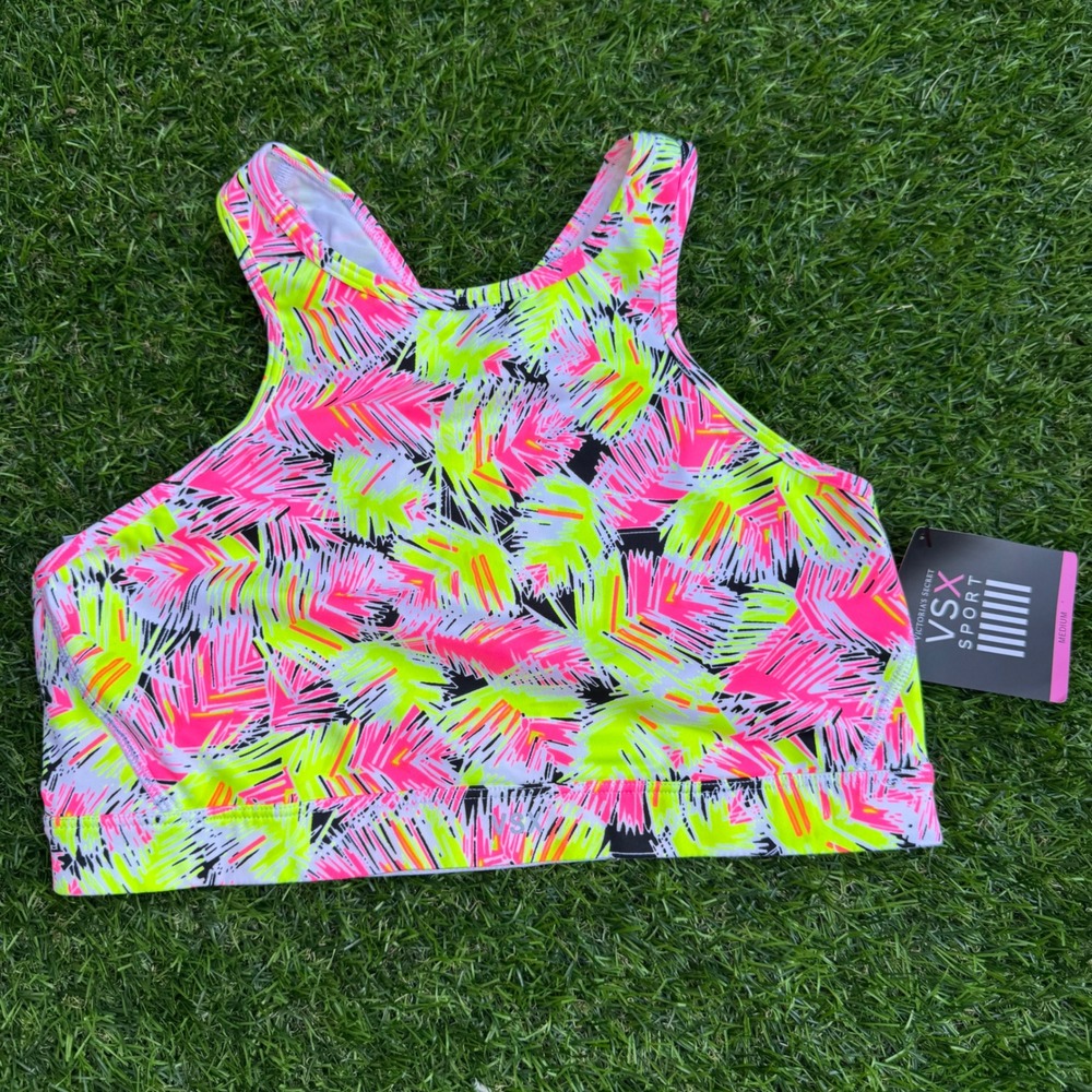 Victoria's Secret VSX Sport Bra Medium NWT Neon Pink Lime Tropical High Neck